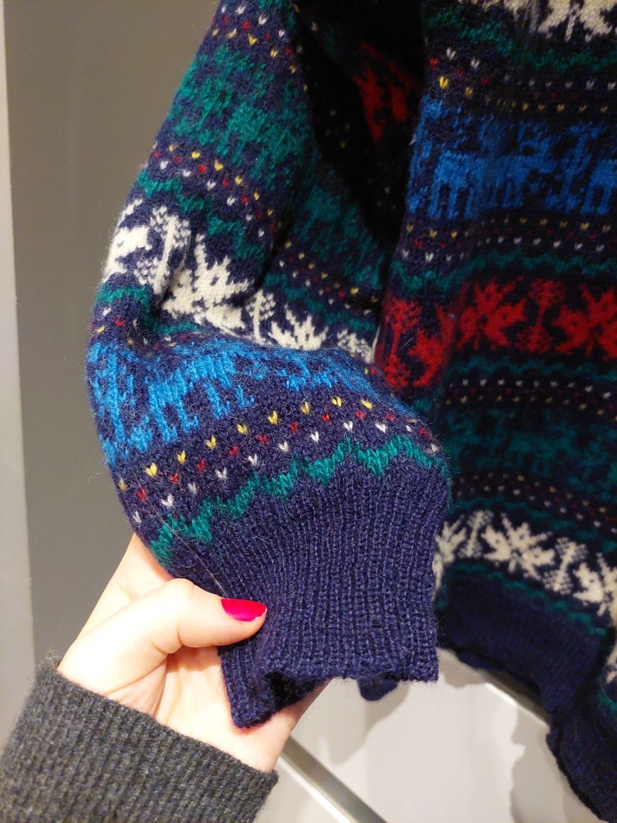 Sweter 100% wełna rozm. L & oversize wzór norweski