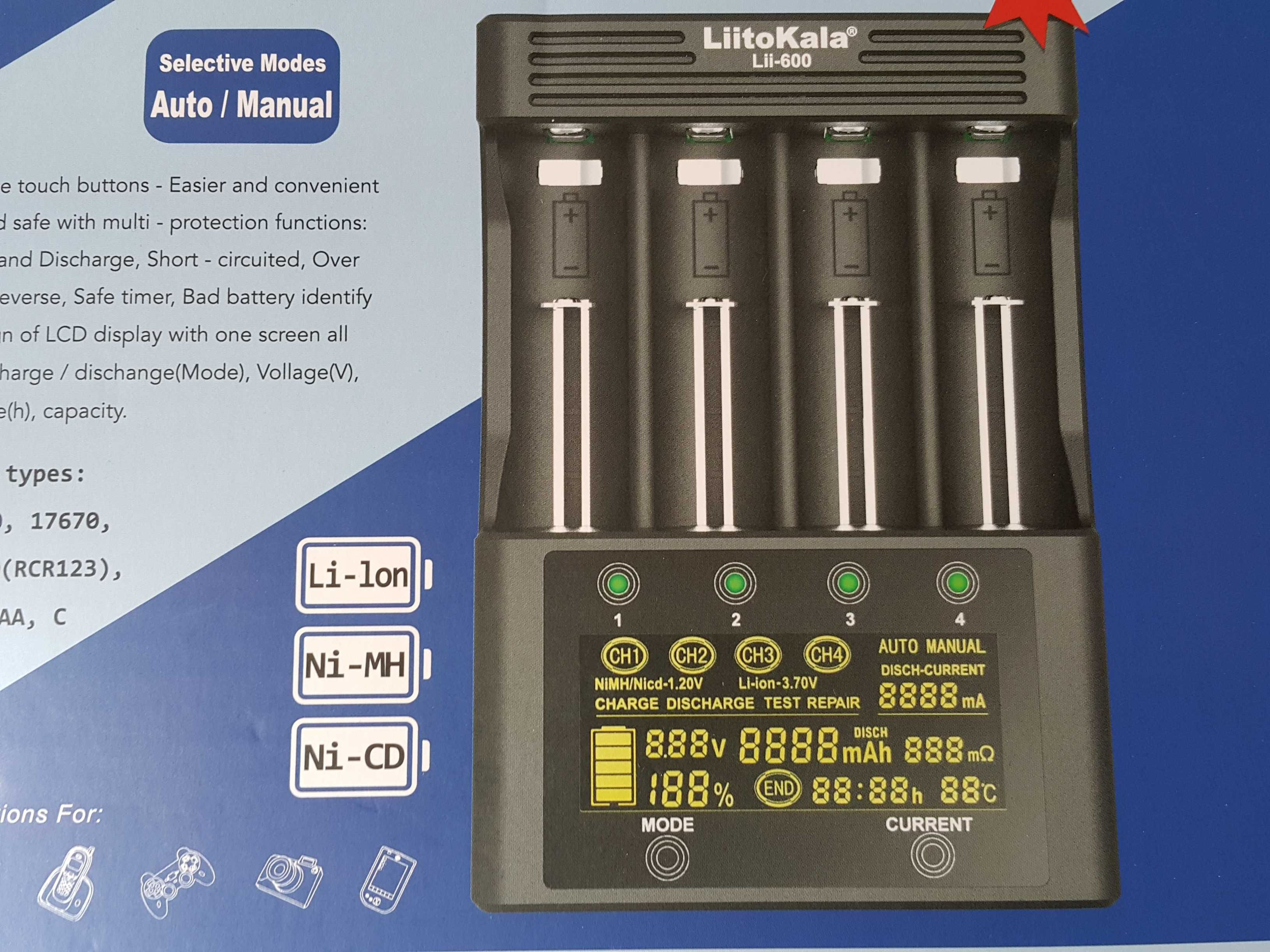 nowa Ładowarka akumulatorów LiitoKala Lii-600 Li-Ion 21700 AA 18650