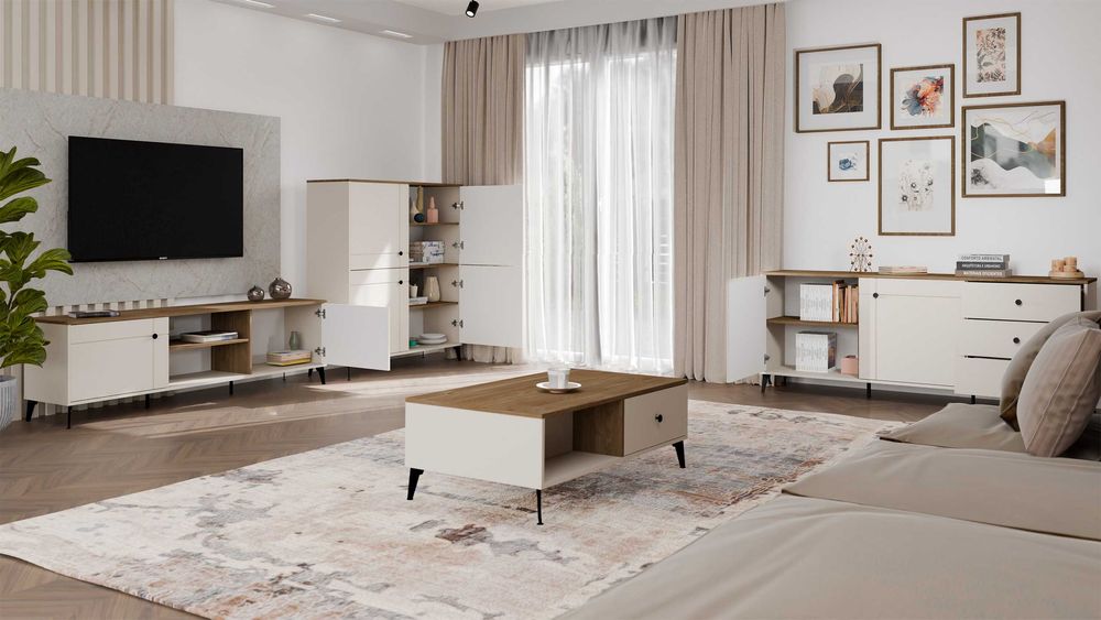 Komoda POINT 4D Kaszmir Beż Dąb Castello Szafka 4 Drzwi 8 Półek Salon