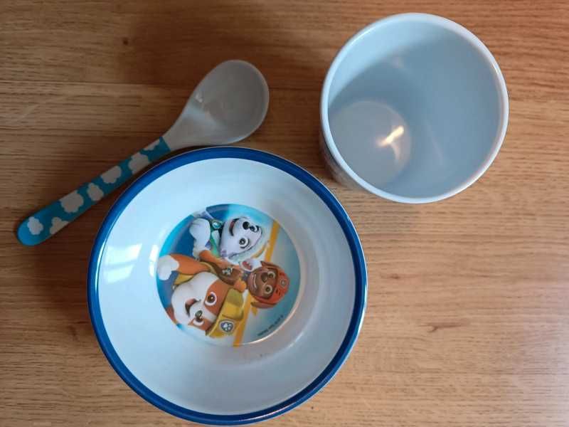 Conjunto copo, taça e colher em melamina da Patrulha Pata - NOVO