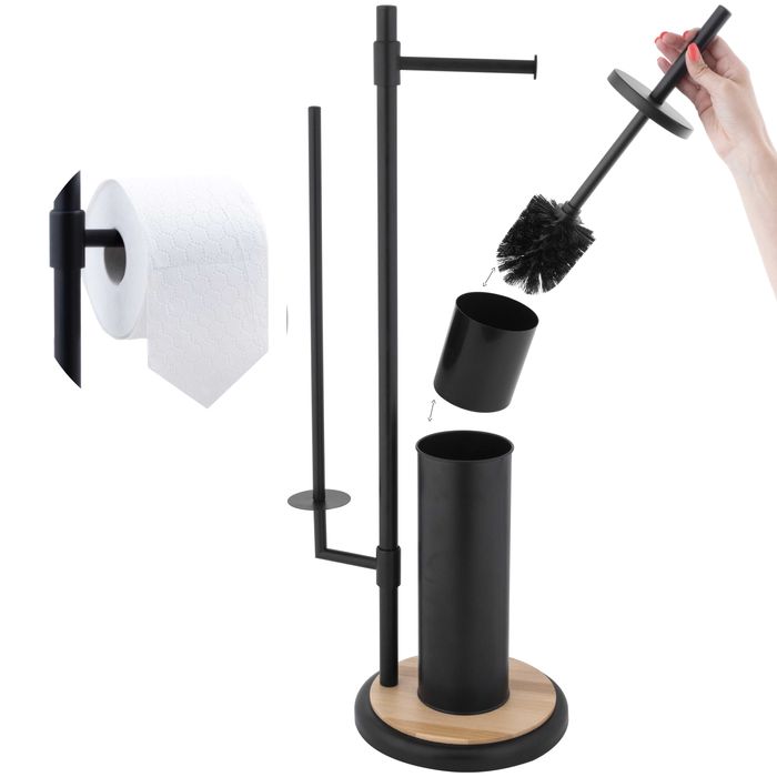 Stojak na papier toaletowy szczotka WC + uchwyt Czarny Bambus Chrom
