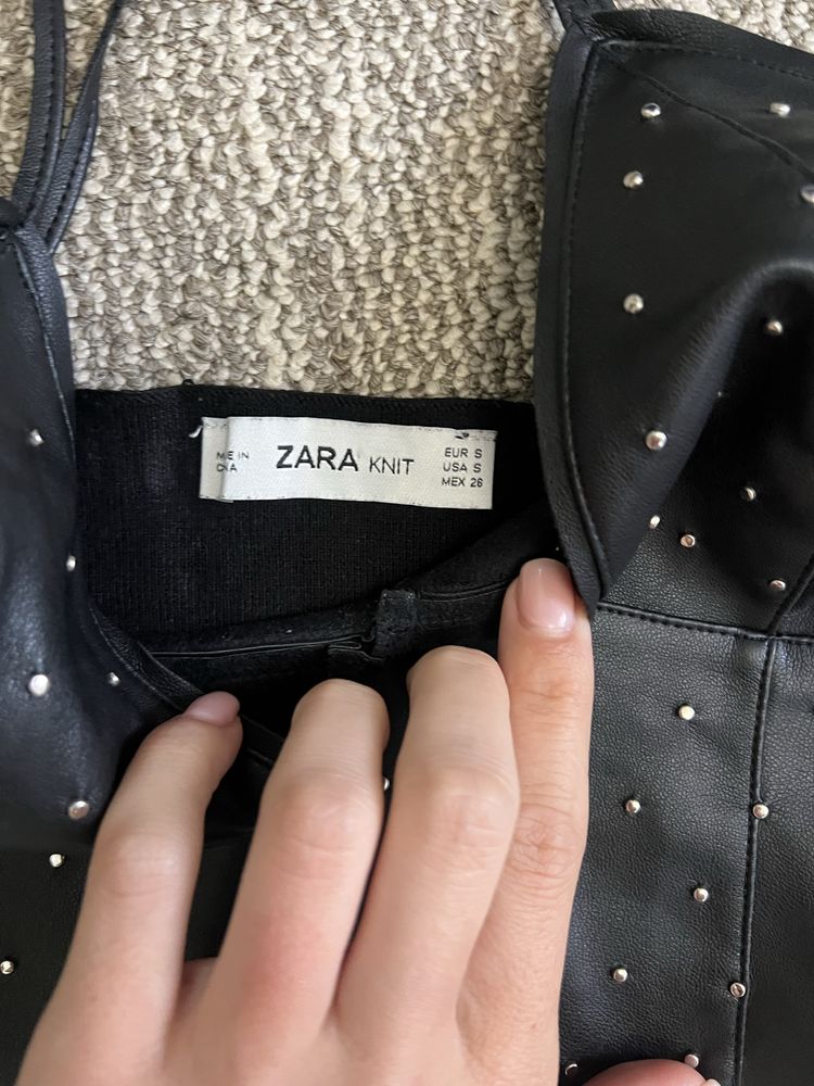 Топ бюст корсет кожаный шкіряний чорний зі стразами блискучий zara s