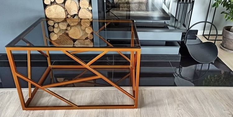 Stolik kawowy złoty z szybą grafitową