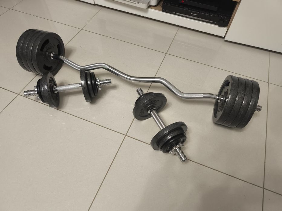 Zestaw hantli 60kg, Gryf lekko łamany z  obciążeniami