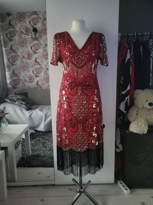 Czerwona cekinowa sukienka, lata 20, r.46, Andrzejki, Sylwester
