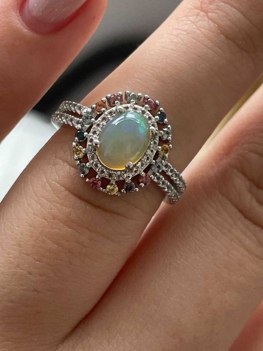 Кольцо из серебра 925 пробы с  огненным опалом, сапфиром и топазом, 18