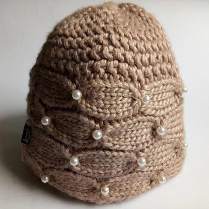 Czapka damska zimowa z szalikiem Loman beżowa z perełkami