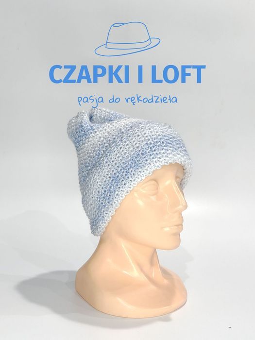 Czapka z kominem ręcznie robiona na drutach