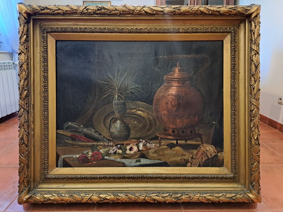 Zabytkowy obraz "Martwa natura z samowarem".B.Sorrola?.Olej na płótnie