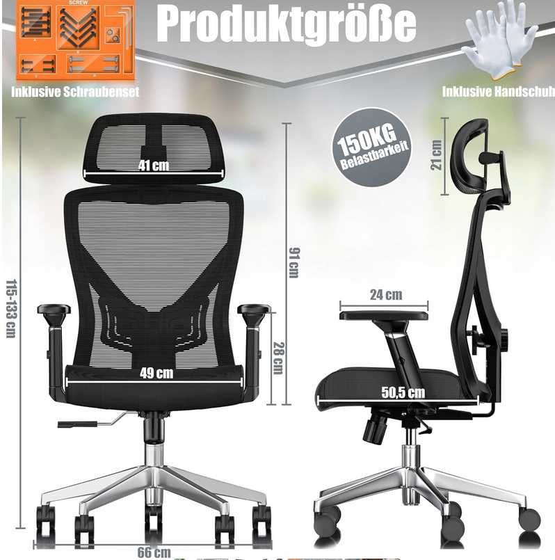 Ergonomiczne krzesło biurowe z regulowanymi podłokietnikami