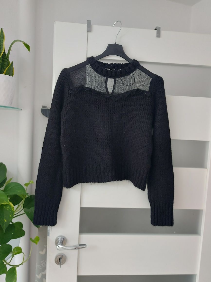 Nowy Sweter Zara M uroczy z falbanką czarny mięsisty