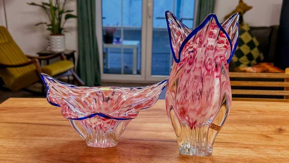 Efektowny zestaw czeskiego szkła wazon patera Egermann