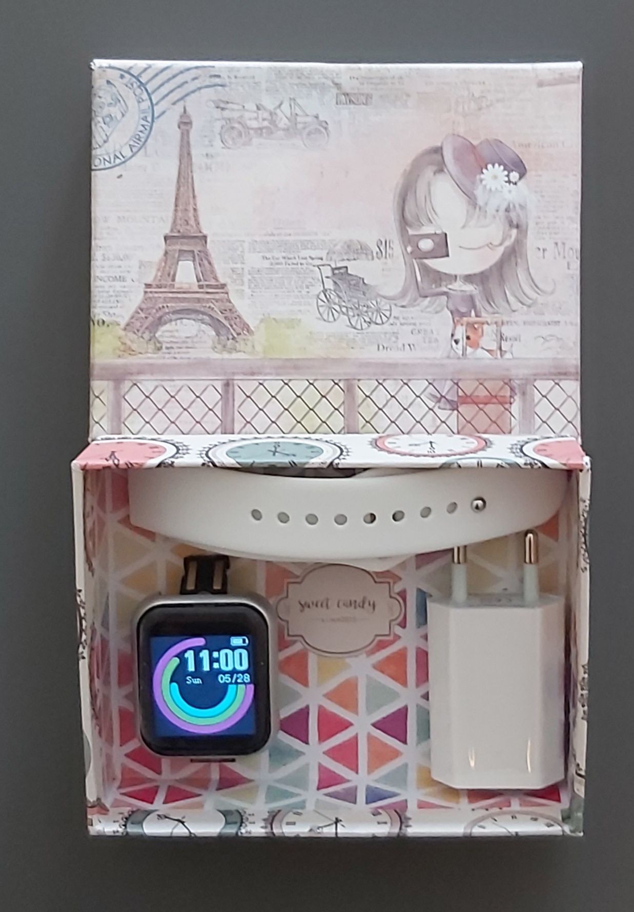 Relógio desportivo smartwatch branco com caixa e carregador