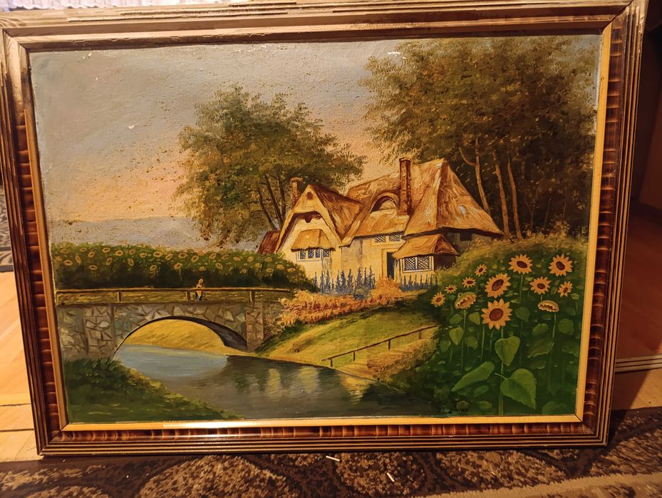 stary obraz olej na płótnie - chatka nad rzeką