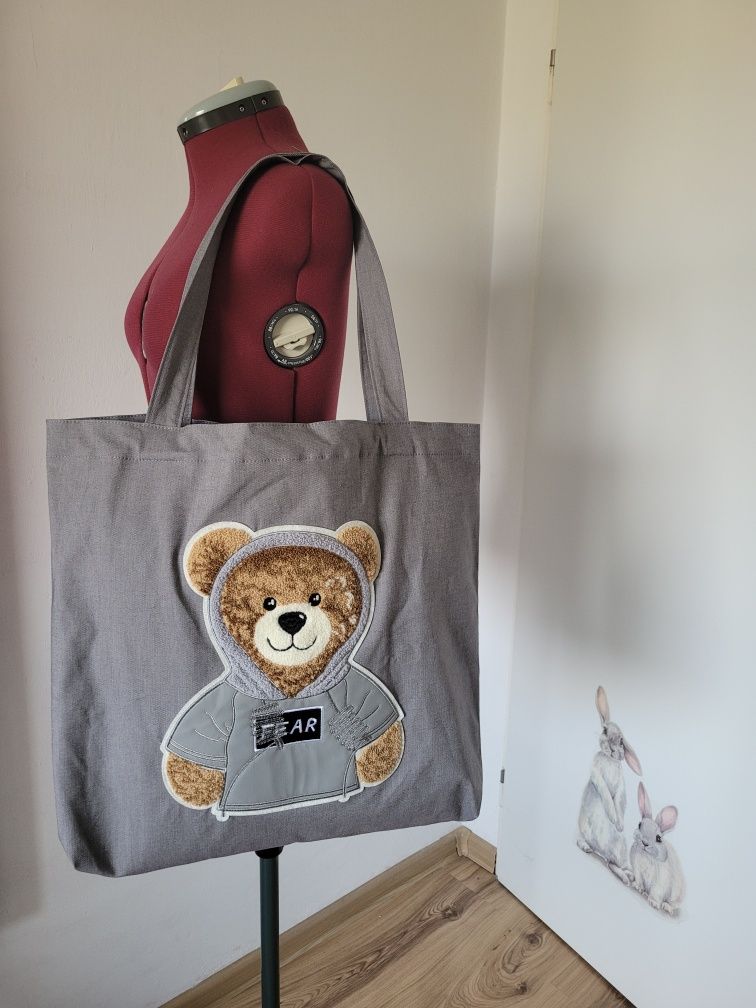 Piekna nowa  torba shopper hand made miś bear szara