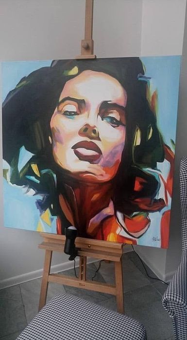 Duży obraz olejny 100x100cm kolorowy twarz kobiety recznie malowany